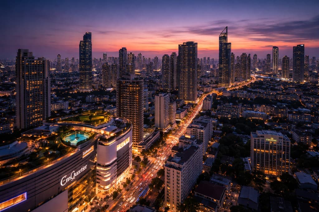 Bangkok skyline at twilight over Sukhumvit — city lights and high-rise towers