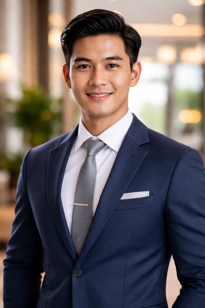 Professional real estate agent in a navy suit — portrait for agent profile