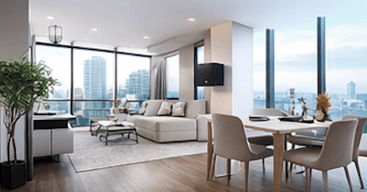 Luxury high-rise condo living and dining area with floor-to-ceiling windows and city views