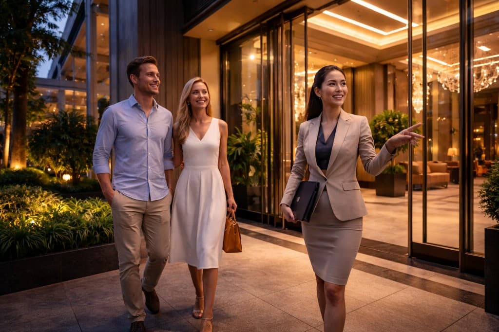 Real estate agent welcoming an expat couple at a luxury condo entrance at dusk