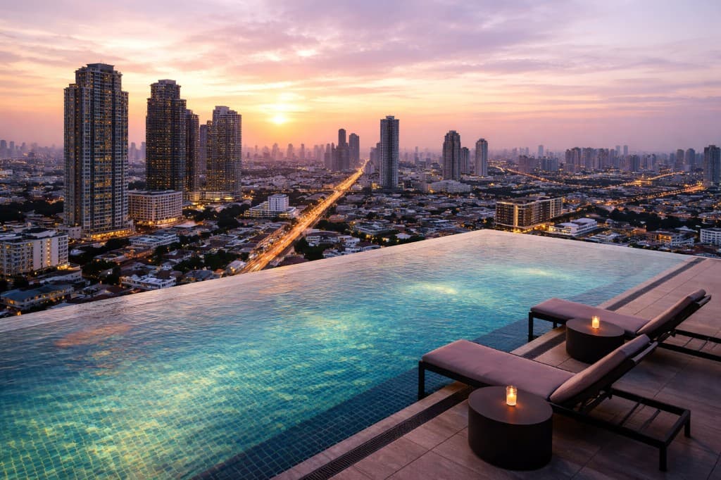 Luxury rooftop infinity pool at sunset overlooking Bangkok