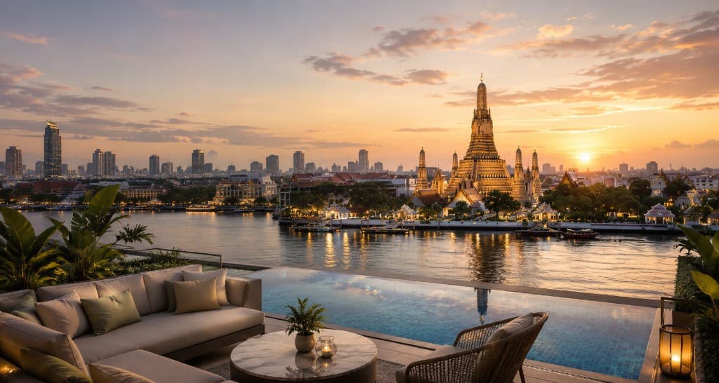 Bangkok skyline with Wat Arun at sunset