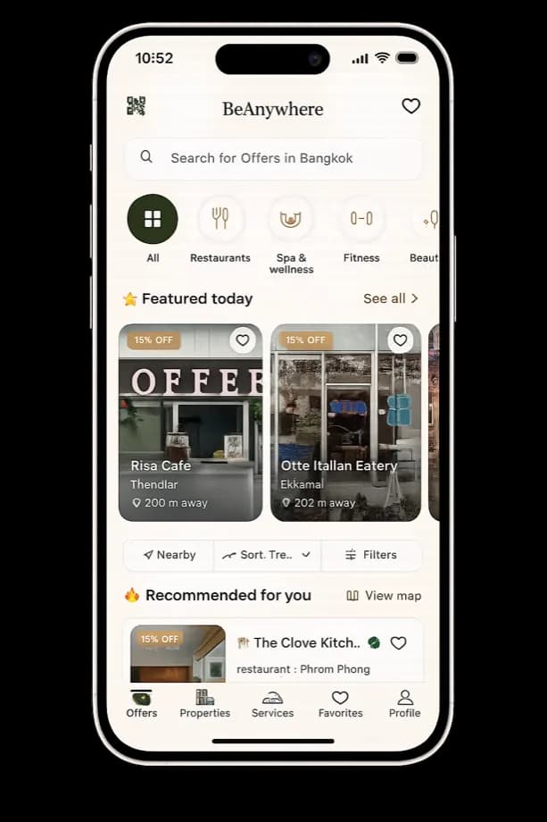 BeAnywhere app showing offers, featured venues and recommendations in Bangkok