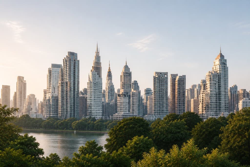 City skyline at golden hour behind a green park and calm water