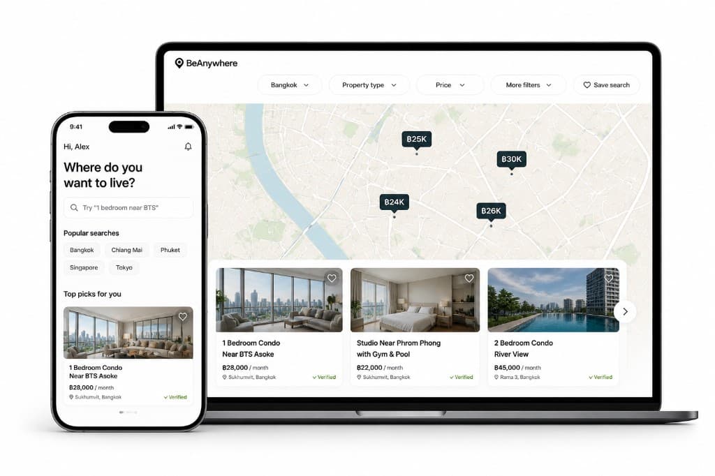 BeAnywhere on laptop and phone: map with listing prices and verified property cards