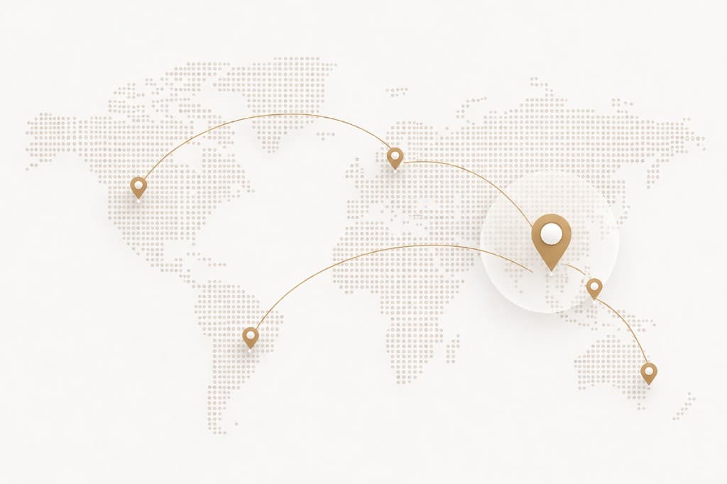 Dotted world map with pins and arcs showing global connectivity