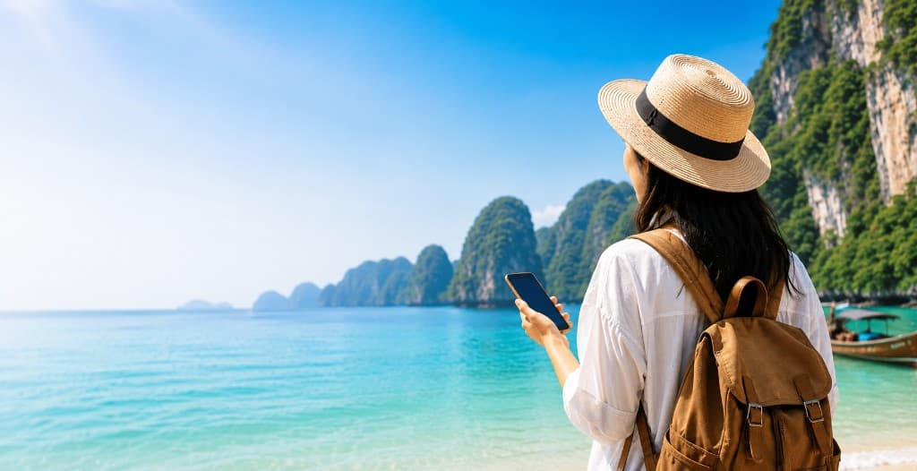 Traveler with a smartphone overlooking a tropical bay with limestone islands