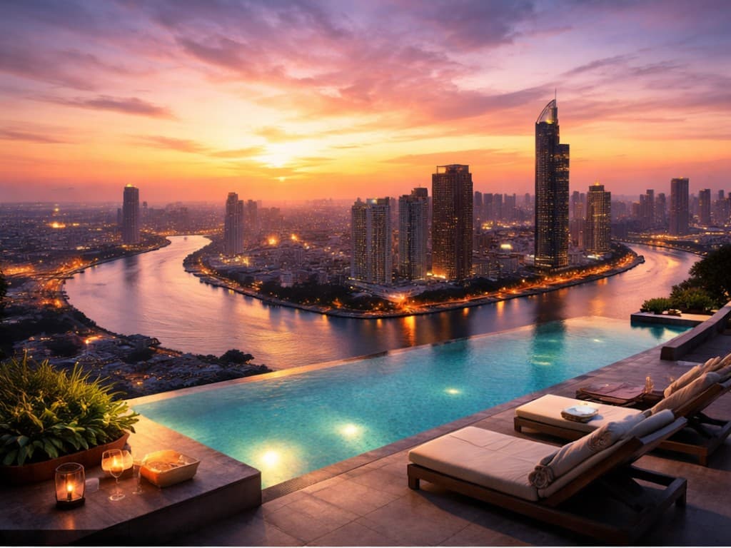 Rooftop infinity pool at sunset overlooking the city skyline and river